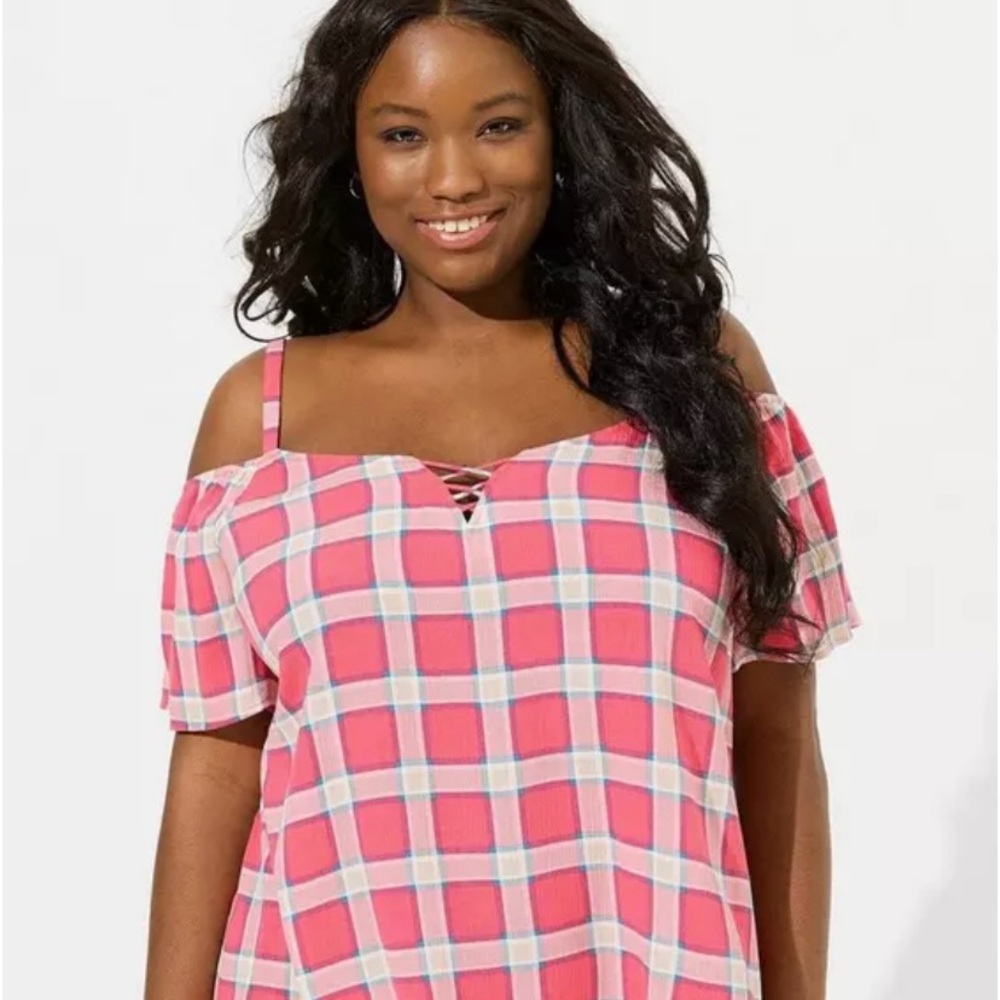 Torrid Pink Plaid Cold Shoulder Top